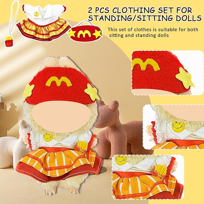 Doll Clothes for Labubu,Cute Outfit for 17cm Doll Clothe 2/3PCS Clothes and Hats Stylish Dolls Clothe for 17 cm Labubu,Casual Style Costumes for Labubu Dolls (Red Black McDonald's Set)