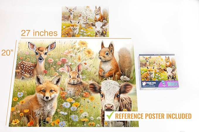 Difficult 1000 Piece Adult Jigsaw Puzzle - Deer, Cow, Fox, Squirrel and Rabbit - Cute Animals - Hard, Challenging Puzzle Perfect for Game Nights - 20x27 inches