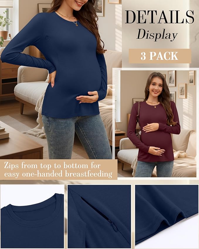 3 Pack Nursing Tops for Breastfeeding Maternity Shirts Zipper Long Sleeve Round Neck Knit Casual Nursing Clothes