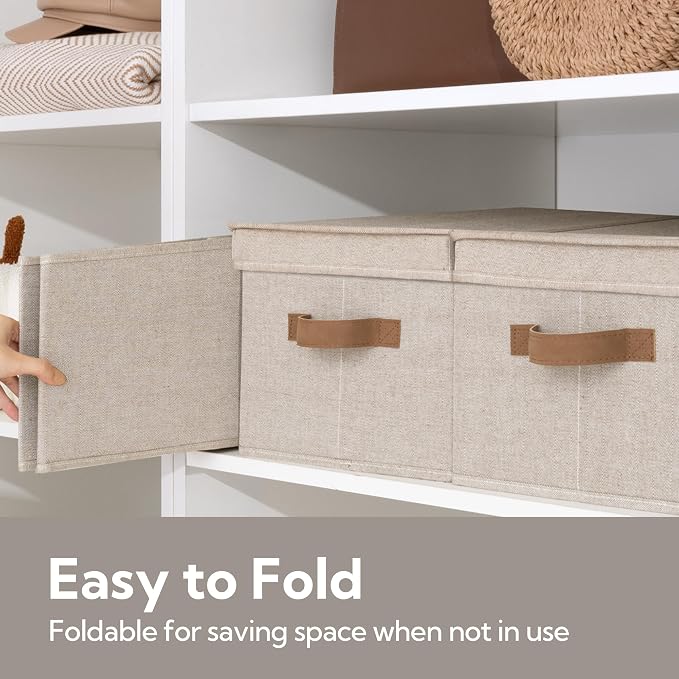 StorageWorks Fabric Storage Bins with Lids, Decorative Storage Bins | Lidded Dust-proof, Easy Pull Handles, Foldable, Stackable, Ideal for Clothes Blanket Towel, Large, Brown and Beige, 3-Pack
