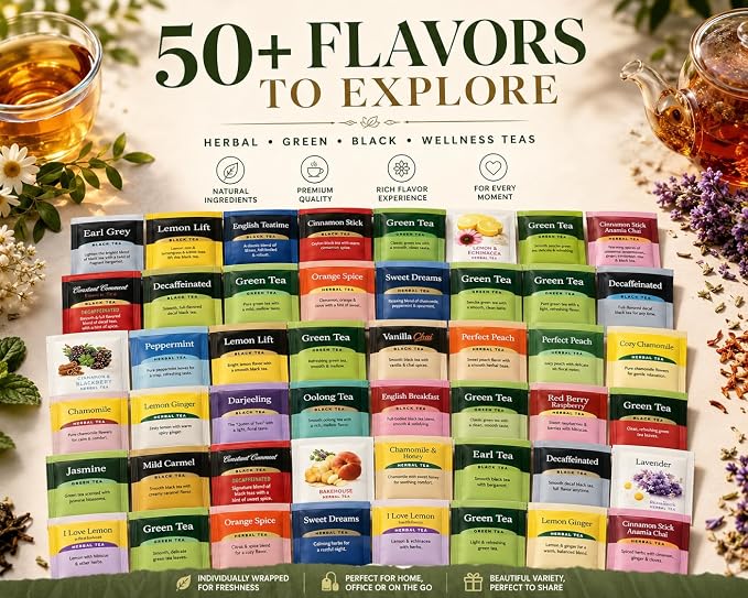 Generic Perfect Tea 48 Variety Pack Sampler Assorted Tea Bags | Black, Green, Decaf & Herbal Teas | Tea Gift Set, Office Breakroom