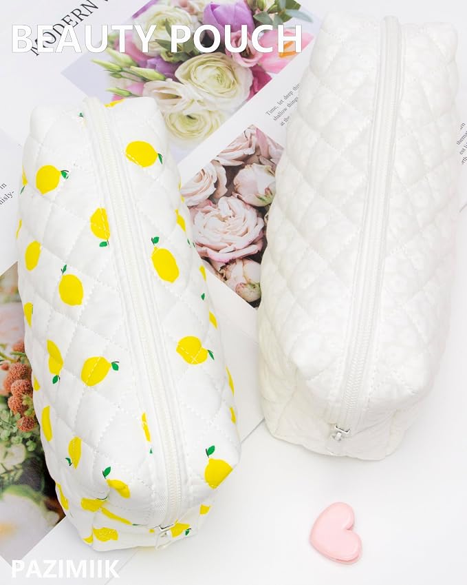 PAZIMIIK Small Quilted Makeup Bag,Zipper Cosmetic Pouch,White Floral | Lightweight Cosmetic Bag Organizer for Women,Purse Storage Holds Makeup,Toiletries,Skincare,Beauty Essentials,Travel Items