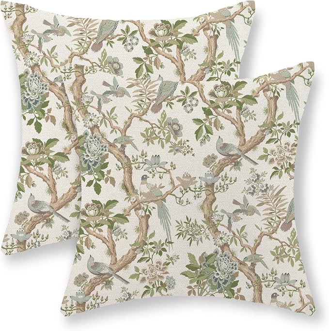 Green Floral Bird Pillow Covers 16x16 Set of 2 Chinoiserie Throw Pillows Green Vintage Flowers Bird Decorative Pillow Cases Outdoor Chinoiserie Decor Farmhouse Cushion Case for Couch Sofa