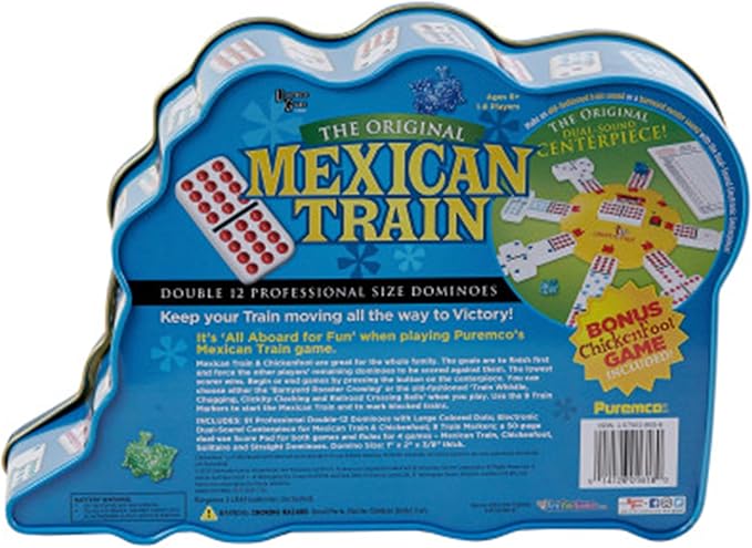 Mexican Train Double 12 Professional Size Dominoes with Bonus Chickenfoot Game Included Travel Tin Board Game, 91 Tiles, Challenging, Fun Game for Ages 6 Years & Up, Blue