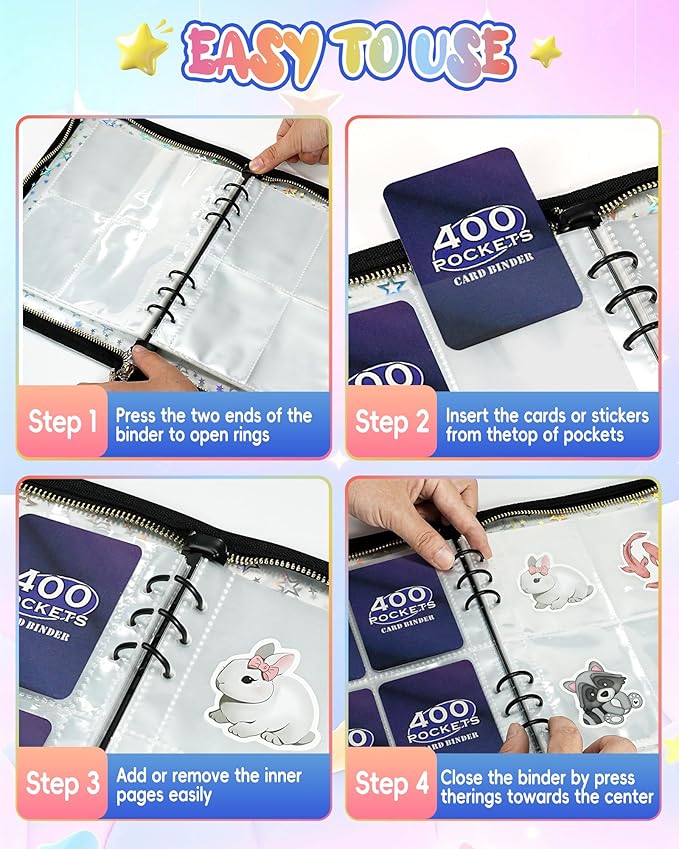 4 Pocket Card Binder with 20 Stickers, A5 Kpop Photocard Binder for 400 Cards, Trading Card Binder, Card Collection Binder, Cute Mini Card Binder for Gifts