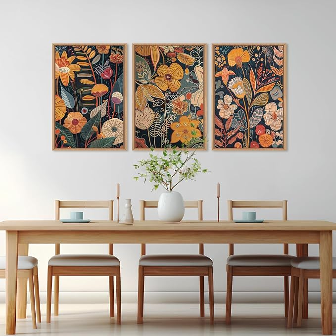FWIEXA Boho Orange Floral Framed Wall Art Set of 3, Modern Botanical Canvas Wall Prints, Brunt Rust Pictures Wall Decor, 16x24 Inches Fall Plant Painting for Living Room, Bedroom, Office