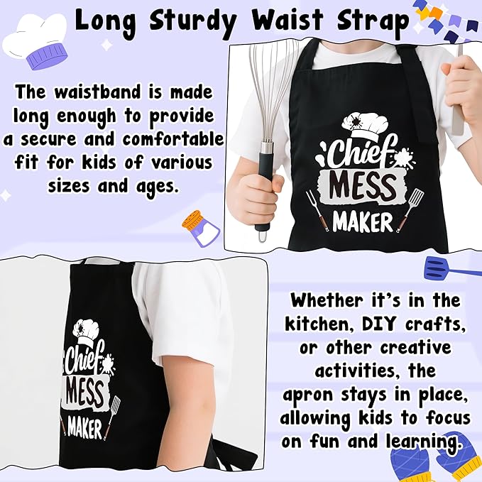 R HORSE Kid Apron and Chef Hat Set - 2Pcs Black Chief Mess Maker Adjustable Children Kitchen Toddler Apron with Pockets, Pretend Play Toy Birthday Christmas Gift for Kids Cooking Baking Painting