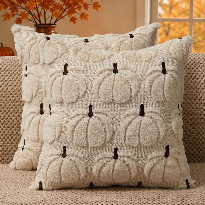 DFXSZ Fall Pillow Covers 20x20 2Pcs Beige Brown Pumpkin Fall Decorations | Fall decor Set of 2 Throw Pillow Cases Soft Plush Faux Fur Wool Couch Cushion for Chair Sofa Bedroom Living Room Home Decor