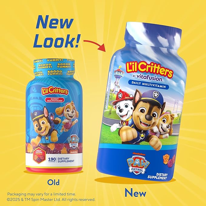 L’il Critters Paw Patrol Gummy Vites Daily Gummy Multivitamin for Kids, Vitamin C, D3 for Immune Support Cherry, Orange and Blueberry Flavors, 190 Gummies