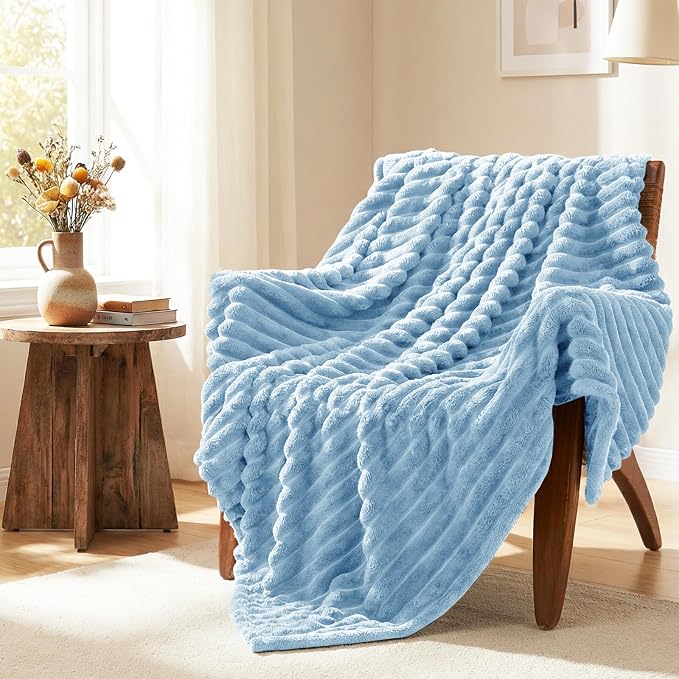 HIMEET Light Blue King Blanket for Bed, 300GSM Ribbed Fleece, 108 x 90 in | Ultra Soft Flannel, All-Season Lightweight Warmth, Generous Bed Coverage & Home Decor, Gift for Men & Women, Machine Washable