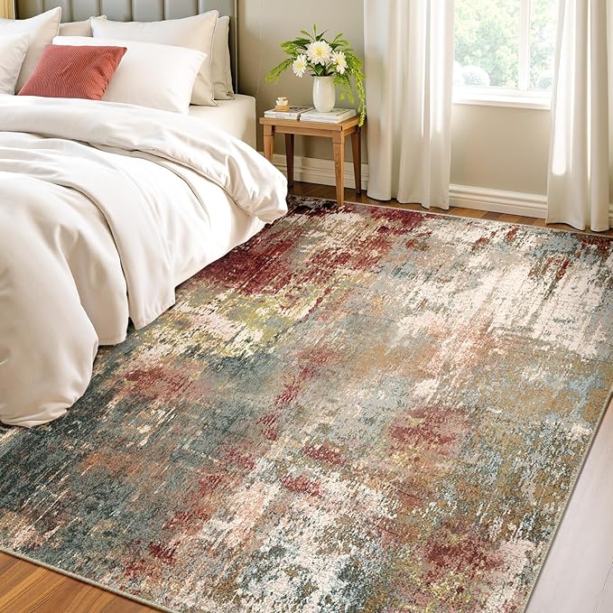 RELEANY Washable 4'x6' Abstract Area Rug for Living Room Rustic Brown | carpet for bedroom, kitchen, office, hallway and entryway, printed pattern, non-slip, soft, stain-resistant, easy to clean
