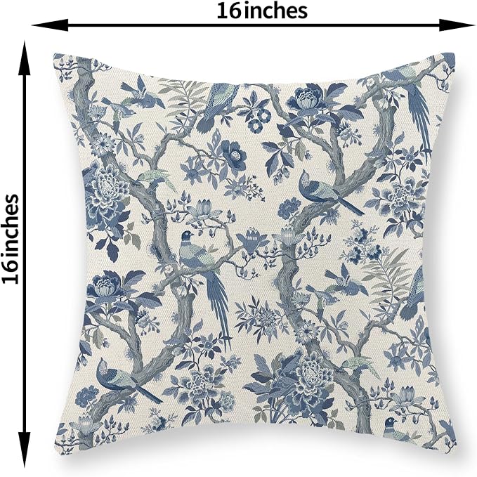 Chinoiserie Pillow Covers 16x16 Set of 2 Blue and White Bird Floral Throw Pillows Vintage Blue Flowers Decorations Outdoor Pillowcase Chinoiserie Decor Farmhouse Cushion Case for Couch Home