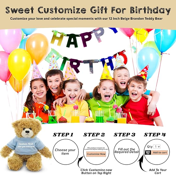 Customized Beige Brandon Bear - 12 inch Personalized Stuffed Bear Plush Toy - Perfect Custom Shirt Bear Gift for Graduation Valentines Graduation Easter Holidays (Powder Blue Shirt)
