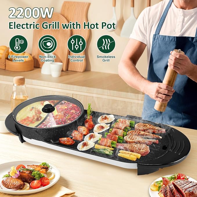 Hot Pot Electric with Grill, 2 in 1 Smokeless Non-Stick Shabu Shabu Pot | Korean BBQ Grill, Independent Dual Temperature Control, 2200W Fast Heating, for Family Gatherings or Friends' Parties