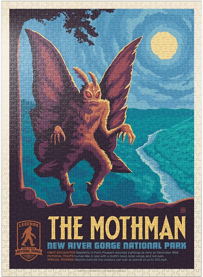 MyPuzzle Legends of The National Parks: New River Gorge's Mothman, Vintage Poster - Premium 1000 Piece Jigsaw Puzzle for Adults