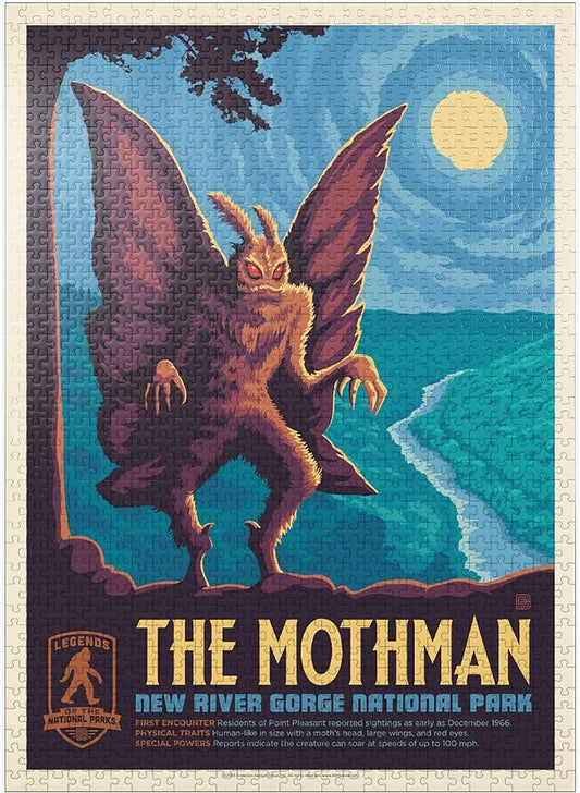MyPuzzle Legends of The National Parks: New River Gorge's Mothman, Vintage Poster - Premium 1000 Piece Jigsaw Puzzle for Adults