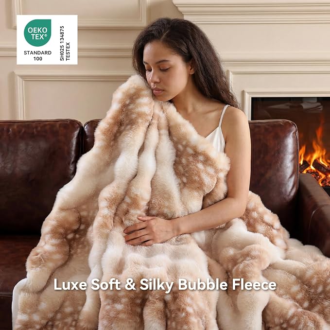 Faux Rabbit Fur Throw for Couch - Deer Brown Bubble Blanket 60"x80" | Fluffy Plush Fuzzy Fawn Throw for Sofa & Bed, Super Soft Cozy Comfrt Blanket,Luxury Aesthetic Deer Print Decor Gift for Women
