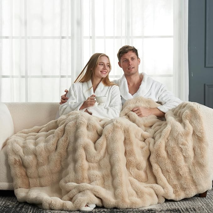 Cozy Bliss Faux Fur Throw Blanket for Couch, Fuzzy Soft Plush Thick Bubble Blanket for Sofa Bedroom Living Room, 60 * 80 Inches Beige