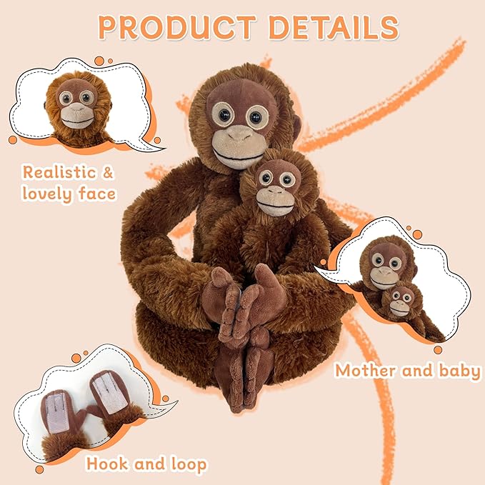 2pcs Orangutans Hanging Stuffed Animal Mother with Baby Hangs Plush Toys, Hooks and Stuffed Animals with Rings for Kids 4-8, Gifts for Boys and Girls（Red）