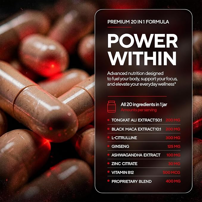 Vitamins for Men 20 in 1 - USA Made Advanced Complex with Tongkat Ali, Black Maca Root for Men, Zinc, Vitamin B12, Astragalus for Normal Energy Support - 90 Vegan Caps