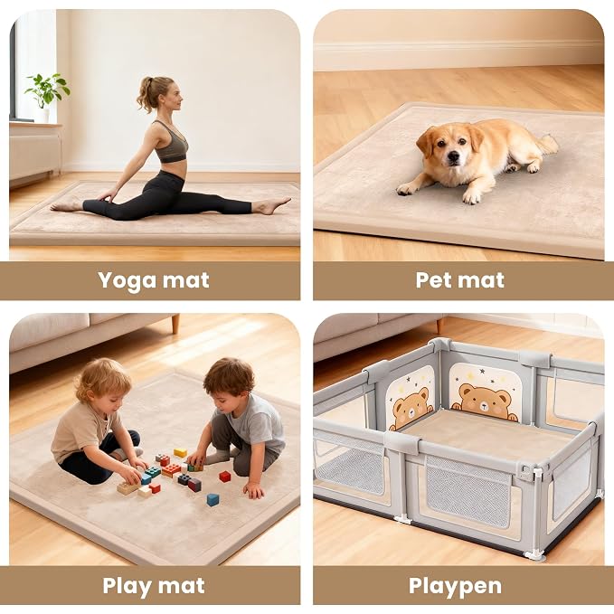 ACOMOPACK Baby Play Mat for Floor 1.3" Thick Memory Foam Play Mat 71"×79" Tummy Time Crawling with Non-slip Bottom for Living Room,Nursery,Soft Velvet Playpen Mats for Kids,Infants（Beige）