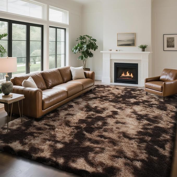 yongyangjuxin Fluffy Rug Shag Area Rug, Mottling Brown 9x12 Area Rugs for Living Room, Large Shag Area Rugs for Bedroom Room Home Decor, Upgrade Anti-Skid Rectangular Fuzzy Rugs