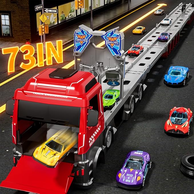 78 inches Transport Truck with 24pcs Die-Cast Cars Toys, Cars Toddler Toys Gifts for 2-7 Years Old Boys & Girls, Blue Modern Truck Toys