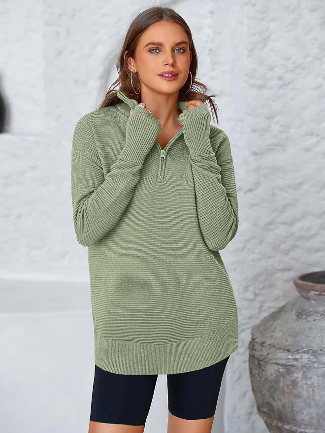 PRETTYGARDEN Womens Long Sleeve Quarter Zip Pullover Sweater Casual Loose V Neck Collared Ribbed Knit Jumper Tops Thumb Hole