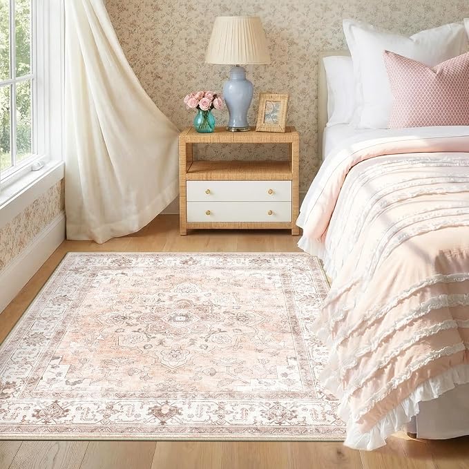 CAPALOCA Square 5ft Washable Nursery Girls Low Pile Area Rug Pink | Non-Slip Soft Rugs for Bedroom Kids Playroom Living Room, Print Pattern Water Repellent Carpet Indoor Decor