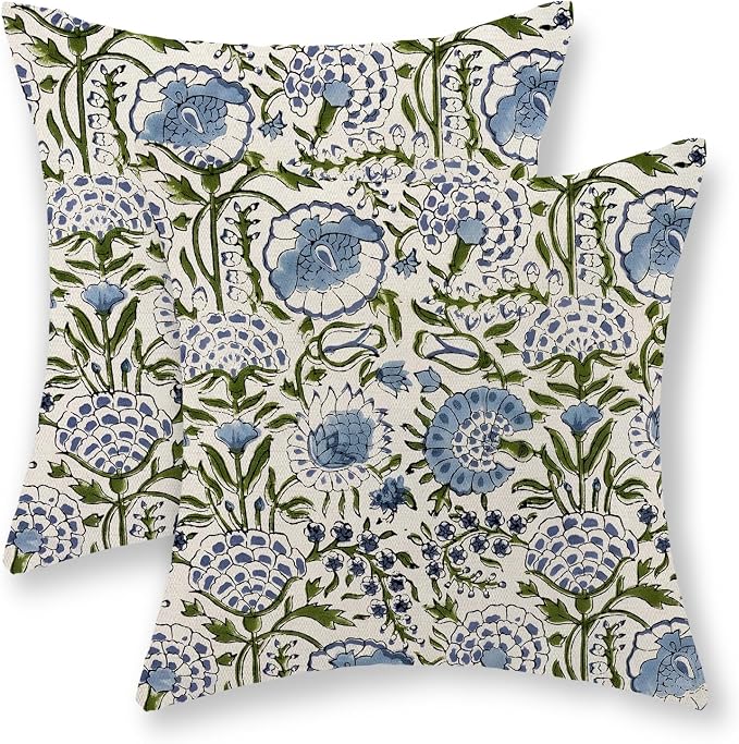 Boho Navy Blue Pillow Covers 16x16 Inch Set of 2 Blue Sage Green Floral Throw Pillows Vintage Flower Outdoor Decorative Pillow Cases Farmhouse Linen Cushion Cover Decor for Couch Sofa Decor
