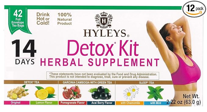 Hyleys Detox Tea 14 Day Cleanse Kit – 42 Tea Bags – Herbal Supplement with Garcinia Cambogia, Green Tea, Mint, Chamomile – Supports Detox, Weight Loss, and Sleep (12 Pack - 504 Tea Bags Total)