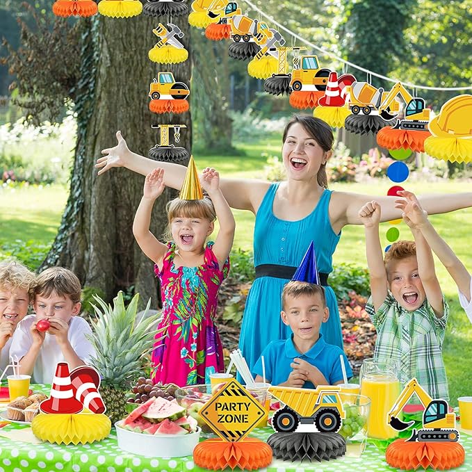 Threan 9 Pieces Construction Party Centerpieces Honeycomb Car Truck Zone Centerpieces 3D Table decorations for Baby Shower Birthday Party favors Supplies