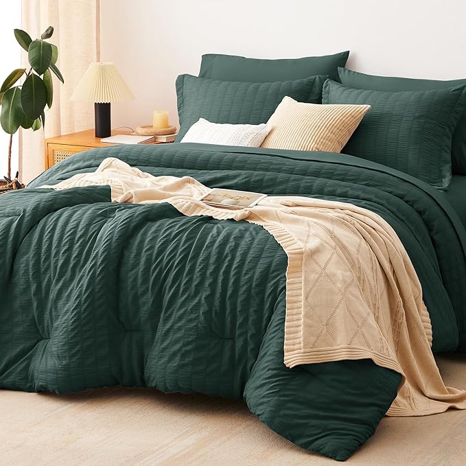 CozyLux Twin XL Comforter Set with Sheets Seersucker Forest Green 5 Pieces Bed in a Bag, Twin Extra Long Luxury Bedding Sets for College Dorm with Down Alternative Comforter, Sheets, Pillowcase & Sham