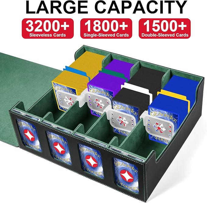 GEAoffice Trading Card Storage Box with Commander Display, 3200+ Card Deck Case with Magnetic Removable Lid, 4-Row Deck Box for MTG/TCG/Sports/Games, 10 Stoppers, 24 Dividers, 1 Dice Tray, Black Green