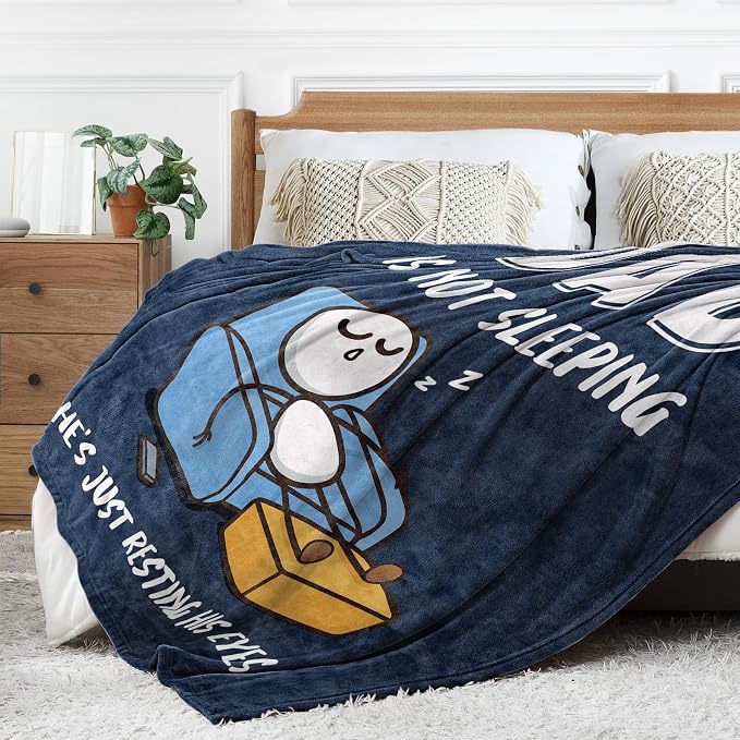 Funny Birthday Gift for Dad Husband, Dad is Not Sleeping Blanket | Dad Gifts from Daughter Son, Super Soft Throws Blanket for Couch and Napping, 60" x 80" (Blue)