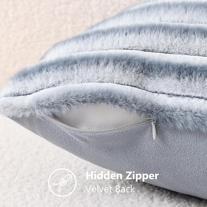 decorUhome Fall Faux Fur Throw Pillow Covers 26x26 Set of 2 Grey White | Decorative Soft Cozy Striped Plush Modern Farmhouse Boho Couch Pillow Cases Velvet Back for Sofa Bed Living Room Home Decor