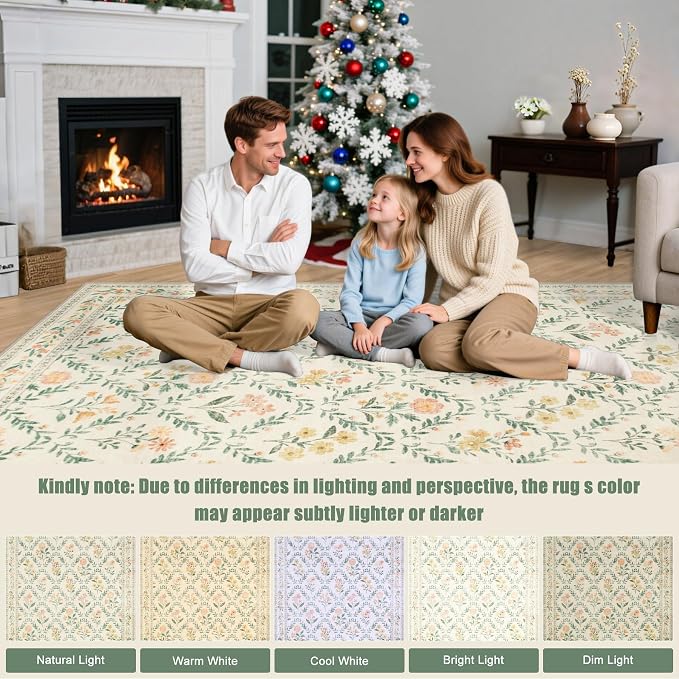 Area Rug Living Room Rugs: Floral 3x5 Washable Rug Vintage Soft Boho Non-Slip Carpet Indoor Floor Stain Resistant Large Carpets for Bedroom Dining Room Farmhouse Nursery Hallway Beige/Multi