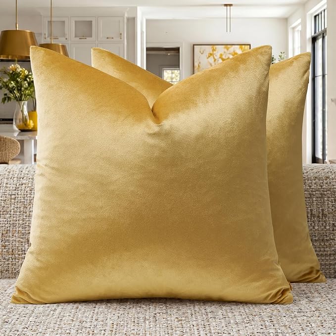 GIGIZAZA Yellow Velvet Pillow Covers 16x16 Decorative Pillows Pack of 2 | Throw Pillows for Couch Sofa,280gsm Soft Textured Fabric,Modern Square Pillowcases,Luxury Cushion Covers