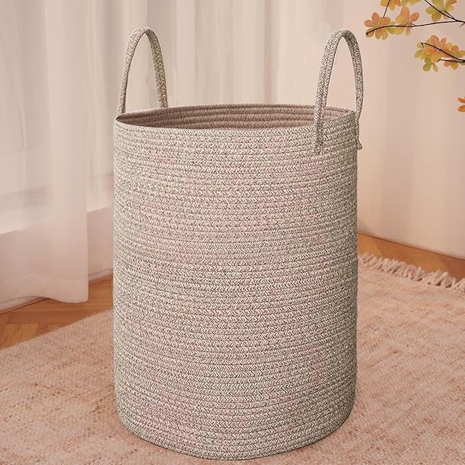 JMvicyroam 80L Cotton Rope Laundry Basket Hamper, Oatmeal | Collapsible laundry basket, reinforced handles, freestanding, machine washable, holds 3-5 thick blankets, clothes or toys