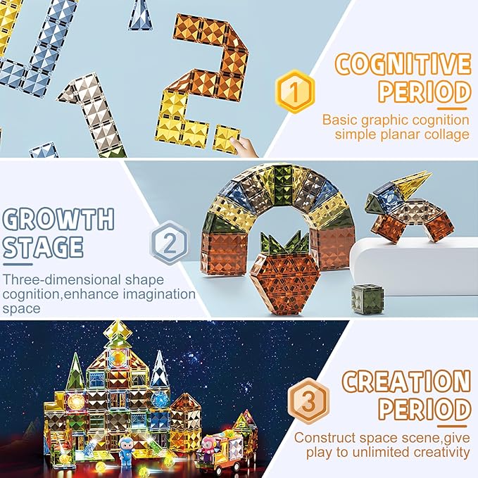 Deluxe Quality Magnetic Tiles Building Set with Attractive Reflective Pattern, LED Lights, Marble Run, and Cars - STEM Educational Toy for Creative Kids Girls Boys 3+ (87 pcs Ferris Wheel)