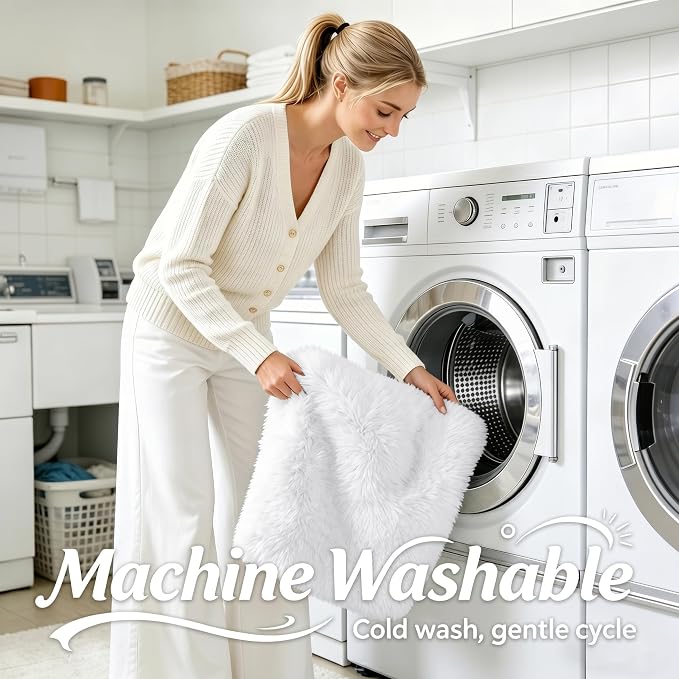 OLANLY 8x8 Machine Washable Large Area Rugs for Living Room, Bedroom, Soft Fluffy Shaggy Bedside Rug, Indoor Floor Carpet for Kids Girls and Boys, Dorms, Nursery, Home Decor Aesthetic, White