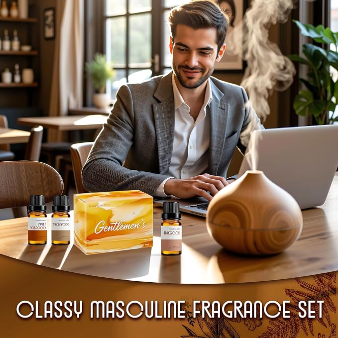 RAINBOW ABBY Fragrance Oil Gentlemen's Set - Leather, Bay Rum, Teakwood, Cedar, Sweet Tobacco, Sandalwood Aromatherapy Oils for Candle & Soap Making, Diffuser Oil Scents (6x10ML)