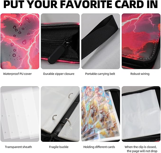 Collectible Trading Card Albums,4 Pocket Card Binder, 400 Double Sided Pocket PU Premium Zip Trading Collection Binderwith 50 Removable Sleeves, Card Folder forTCG, Sports Cards (Black &Red)