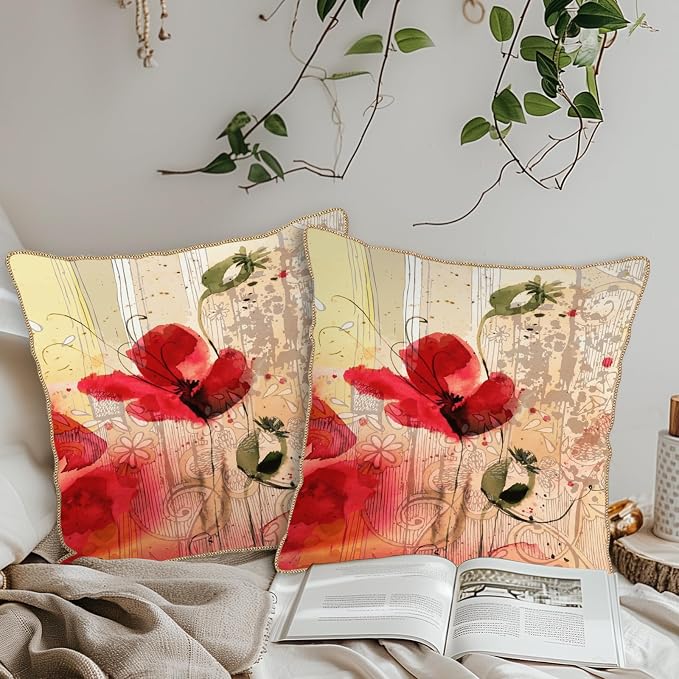 KSLIDS Red Poppy Flower Soft Velvet Throw Pillow Covers Set of 2 Watercolor Art Flower Decorative Pillow Covers 18x18 Inch Retro Beige Pillow Case for Sofa Couch Living Room Farmhouse Home Decor