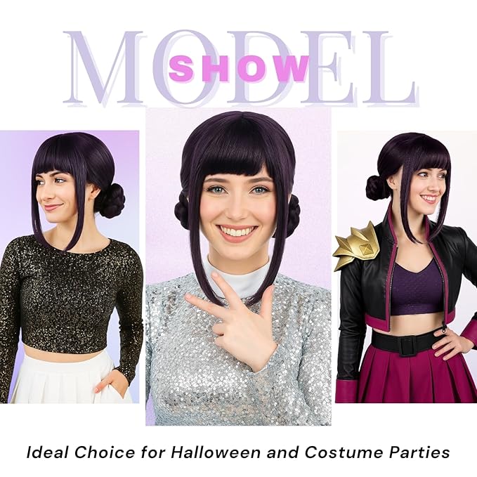 morvally Short Black Purple Wig with 2 Buns for Women Anime Cosplay Synthetic Hair Wigs for Halloween Costume Party (Black Purple, Adults)