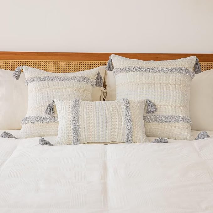 BUIOVBEY Boho Throw Pillow Covers Woven Tufted Pillow Cases with Tassels | Farmhouse Pillow Covers 20x20 Set of 2 Textured Striped Cushion Case Neutral Decorative Pillowcase for Sofa Couch Light Grey