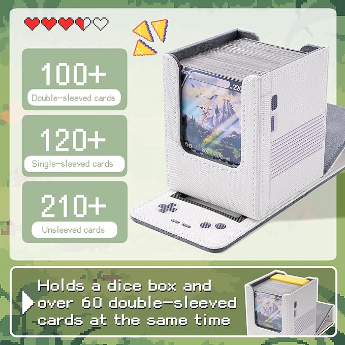 Retro Gaming Console Appearance MTG Deck Box with Commander Display, Card Deck Case Fit 120 Single Sleeved Cards, PU Leather Magnetic Card Storage Box with 2 Dividers, Compatible with TCG/PTCG (White)