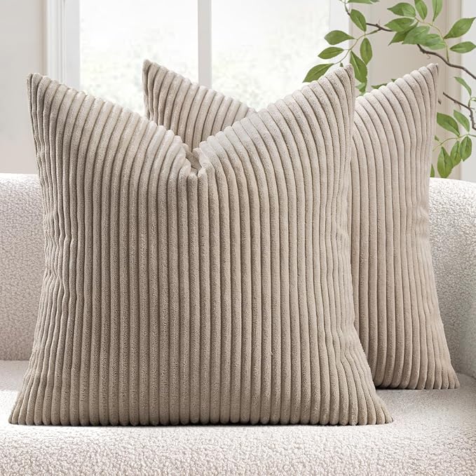 MIULEE Decorative Corduroy Throw Pillow Covers Set of 2 18x18 Light Brown | Soft Striped Textured Cushion Cases, Boho Rustic Square Pillowcases for Home Decor, for Couch Chair Sofa Bed Living Room