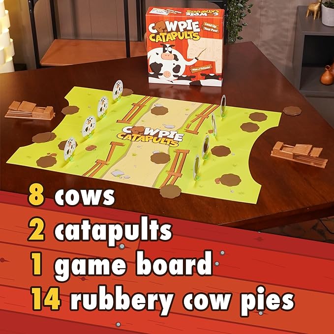 Cowpie Catapults - Launch Poop with a Catapult to Knock Over Cows, Last Moo Standing Wins, Easy to Learn, Cow Tipping Funny Kid Family Board Game, Age 6+