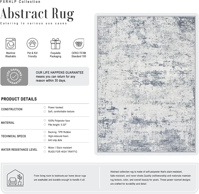 5x7 Area Rug Living Room Rug: Washable Modern Abstract Soft Thin Rug Indoor Floor No Slip Carpet for Bedroom Dining Room Farmhouse Nursery Home Office - Blue Grey